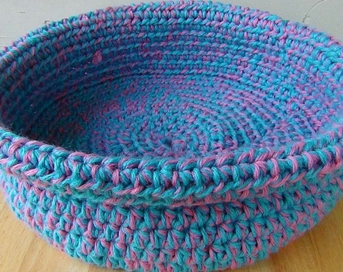 Cotton Candy Blue and Pink Crocheted Basket - 9 inch diameter Rolled Brim Basket
