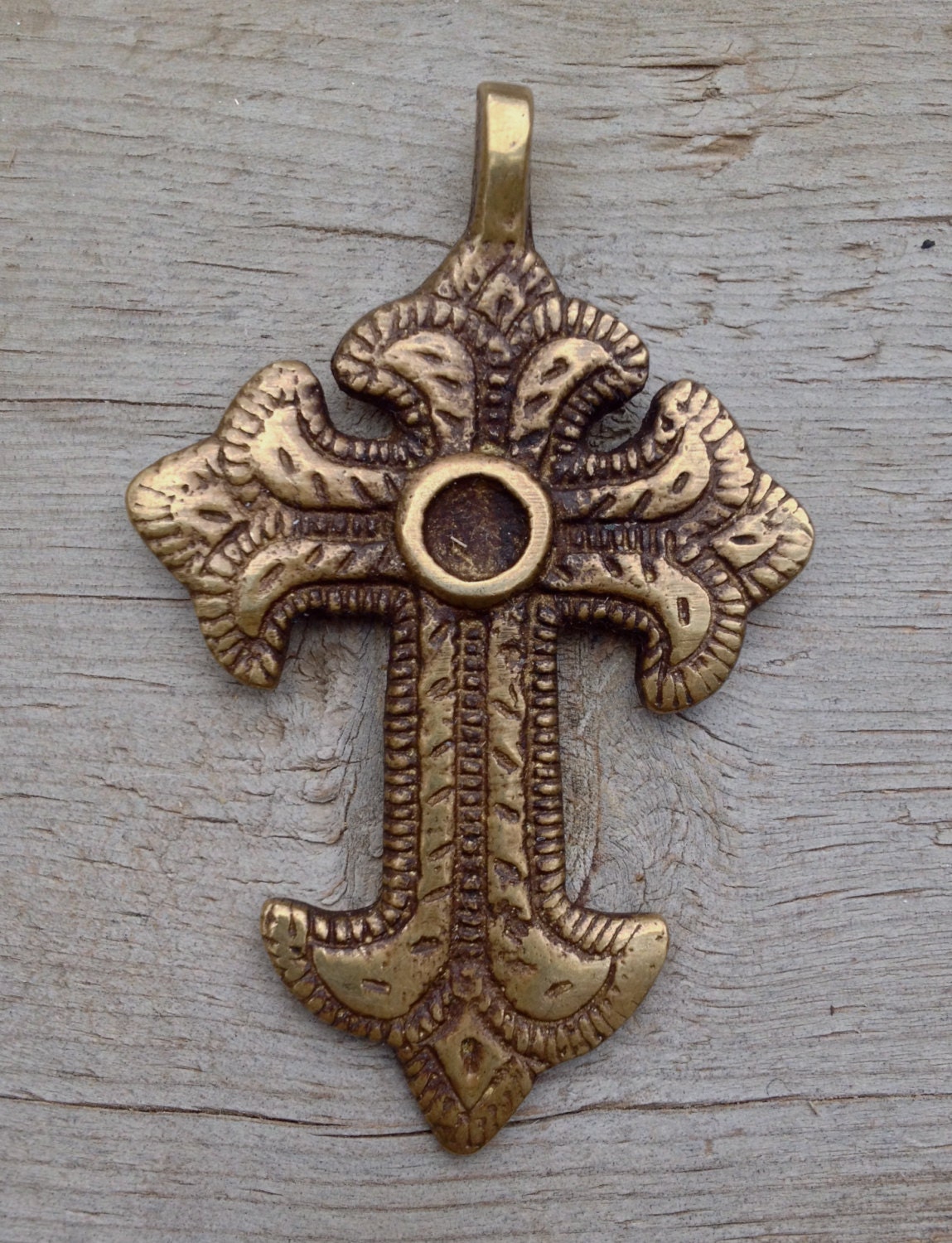 Large Rustic Brass Cross Pendant 2 1/4 Inches 60 mm