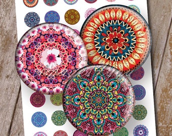 Mandala Digital Collage Sheet download cabochon 1 inch circle kaleidoscope 1" bottle cap images 25mm 30mm 1.25" 1.5" round printable pendant