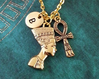 Nefertiti Necklace, SMALL Ankh Necklace, Personalized Necklace, Egyptian Jewelry, Egyptian Necklace, Monogram Necklace, Pendant Necklace