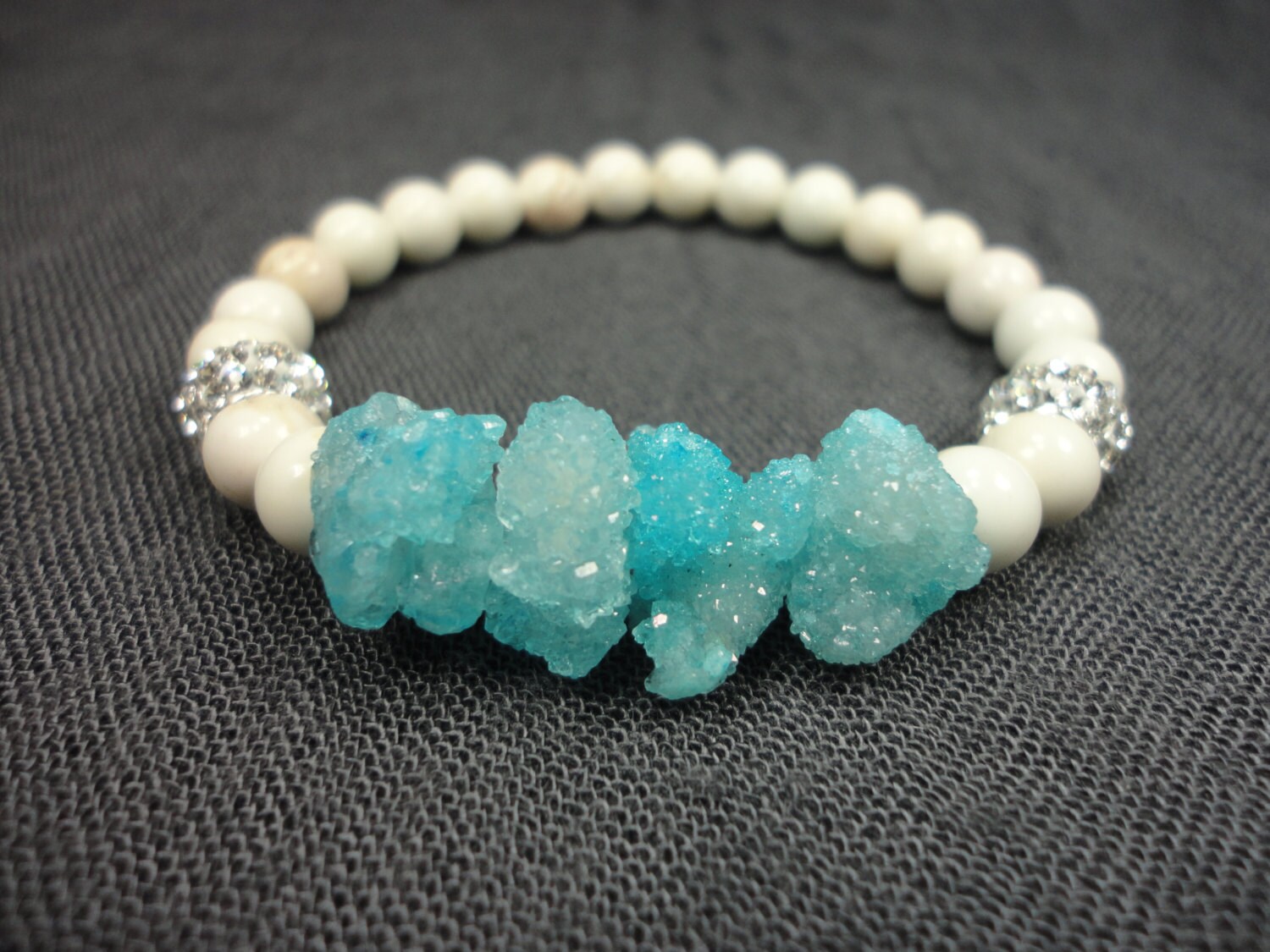 Aqua Druzy and White Turquoise/Austrian Crystal/Sterling Silver/Stacking Bracelet/Fancy Boho/Iceberg Beads