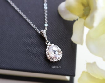Clear cz necklace in silver, Bridesmaid jewelry, Everyday necklace, Wedding necklace