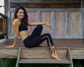 Nymph Leggings - BLACK - Women Yoga Pants, Leggings, Capris style, 3/4lenght, criss-cross lace up, ecoluxe