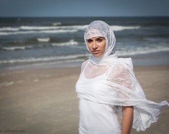 Wedding lace shawl - Cashmere and silk scarf - Luxury beach wedding organic summer pearl white wrap - White bridal shawl - Bridesmaid gift