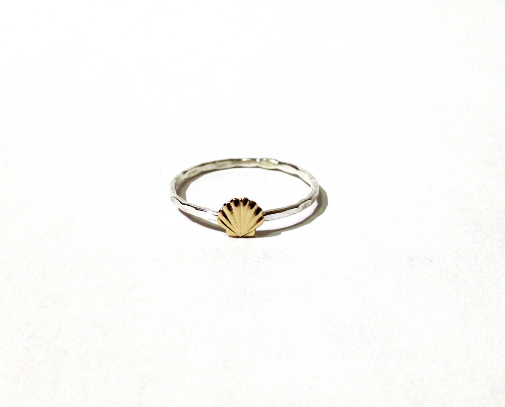 Seashell ring Sterling silver and tiny gold brass seashell