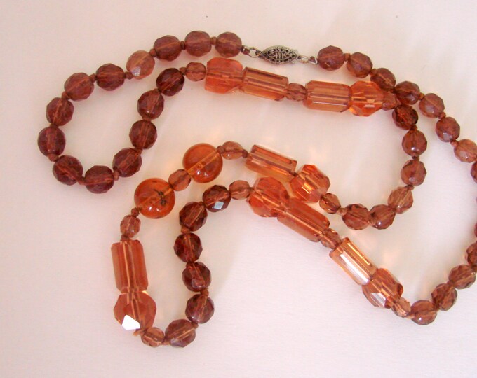 Art Deco Amber Glass Bead Necklace / Designer Signed / Faceted / 30s Vintage Jewelry