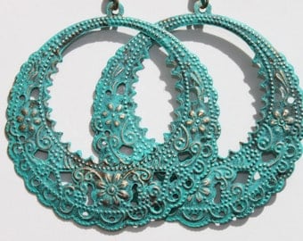 Turquoise Earrings Patina Dangle Hoop Earrings Boho Earrings Bohemian Earrings Filigree Earrings Gypsy Earrings Jewelry Gift For Her