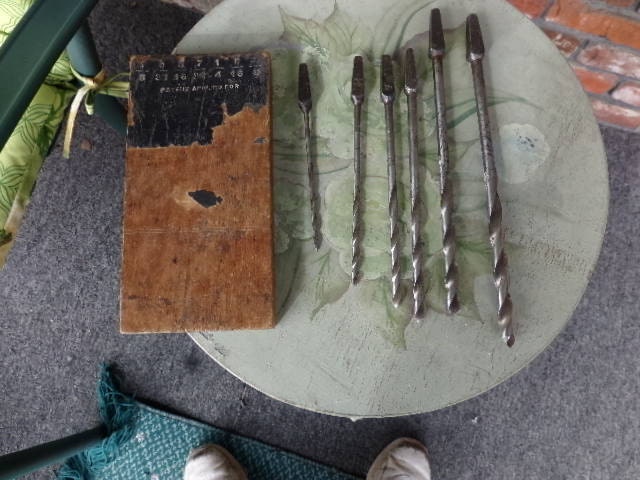 Antique Drill bits in wooden holder Rustic tools vintage