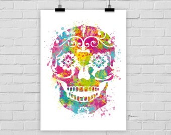 fine-art print poster Dia de los muertos sugar skull watercolor