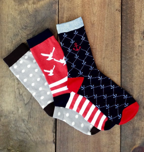 3 pair socks nautical combo pack- anchor, seagull, polka dot.