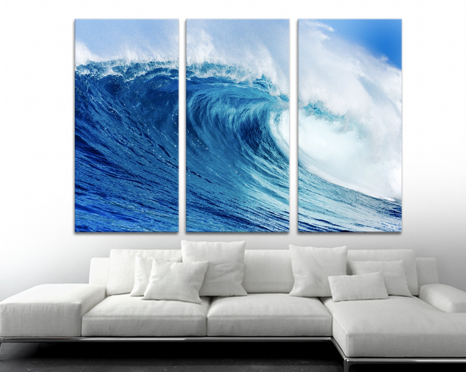 Blue Ocean Wave Canvas Print. 3 Panel Split Triptych. Scenic