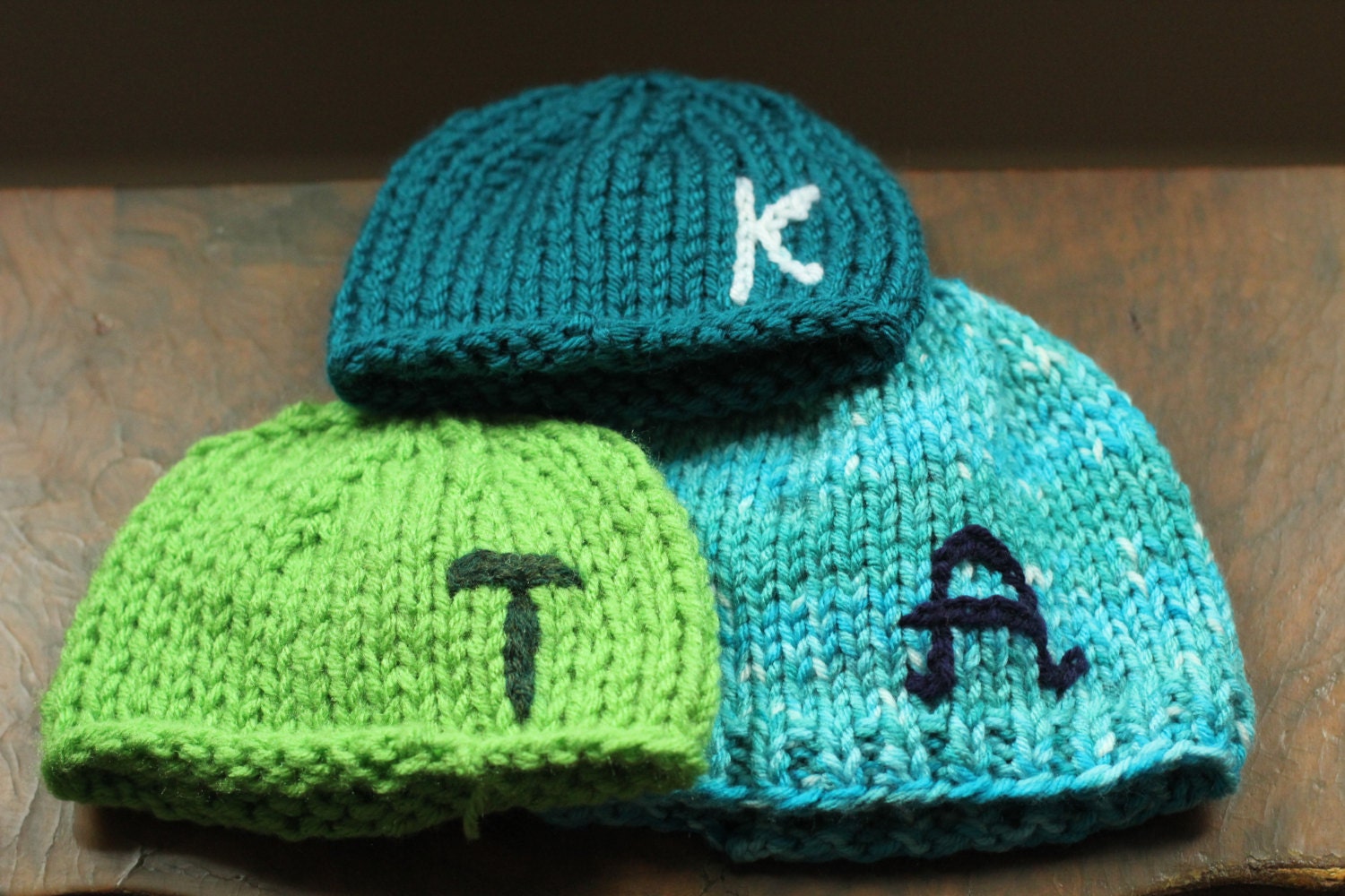 ABC Knitted Baby Beanie / Hat with yarn INITIAL Newborn to