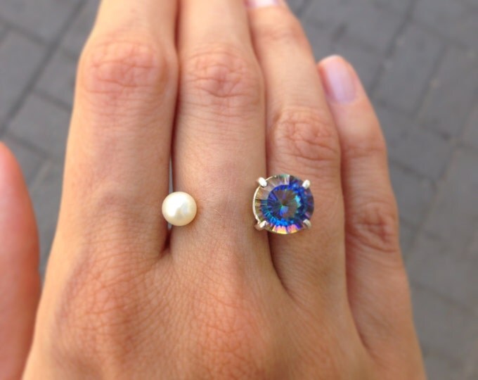 Mystic topaz ring Pearl ring Fashion ring Blue stone ring Natural gemstone ring Cuff ring Womens ring Gift idea