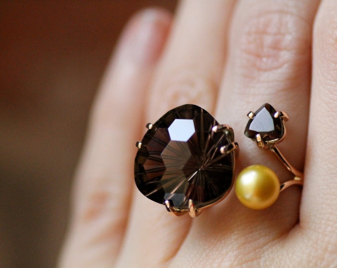 Smoky Quartz ring Gold ring Quartz ring Pearl ring Open ring Natural stone ring Brown ring Gift idea