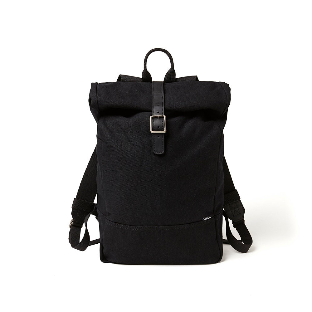 Black canvas roll top backpack / black rucksack by AlbanBikeBags