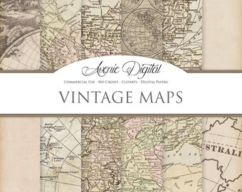 Vintage maps Digital Paper. Scrapbooking Backgrounds, Old maps patterns for Commercial Use. Worn, grungy, shabby textures. Clipart Download.