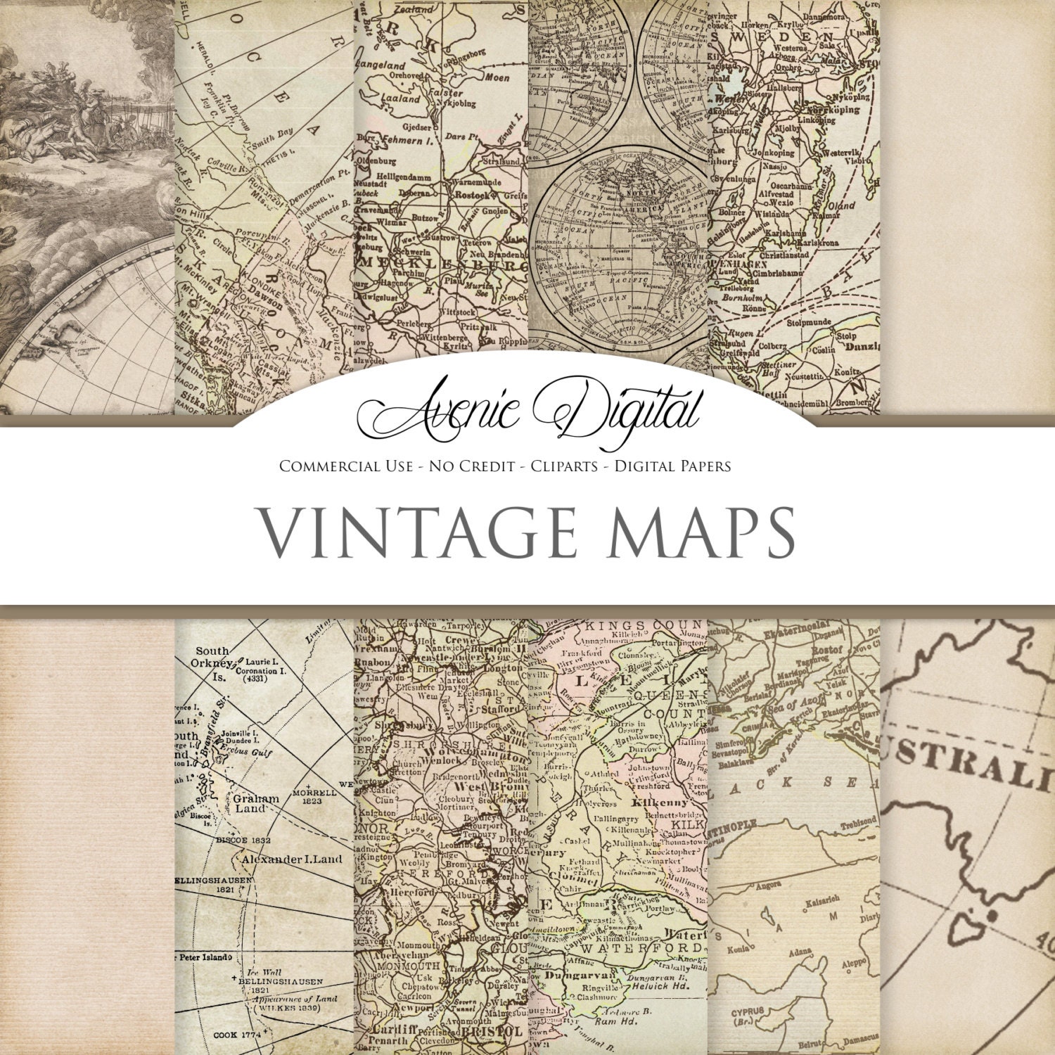 Vintage maps Digital Paper. Scrapbooking Backgrounds Old maps