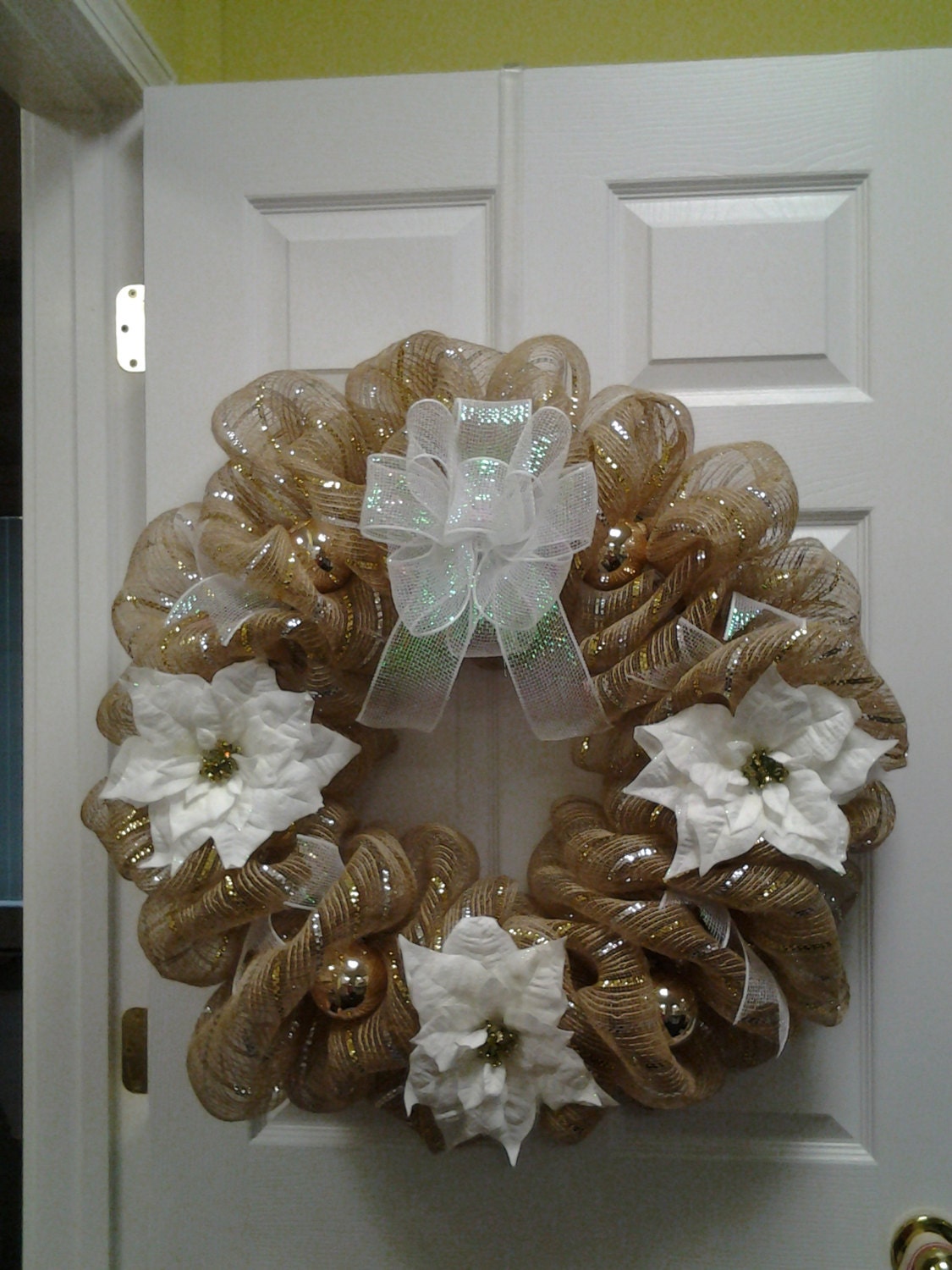 Gold & White Poinsettia Deco Mesh Wreath