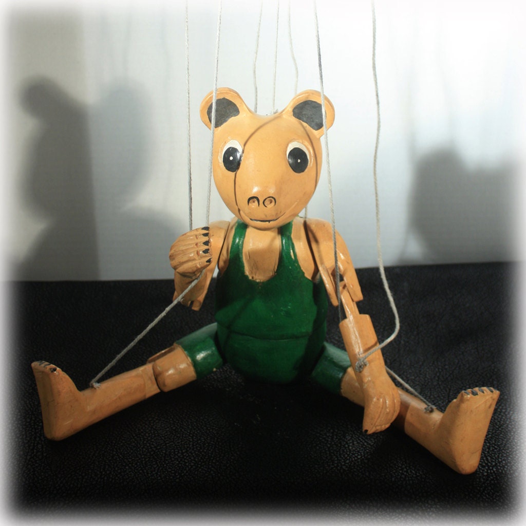 Folk Art Hand Carved Bear Puppet