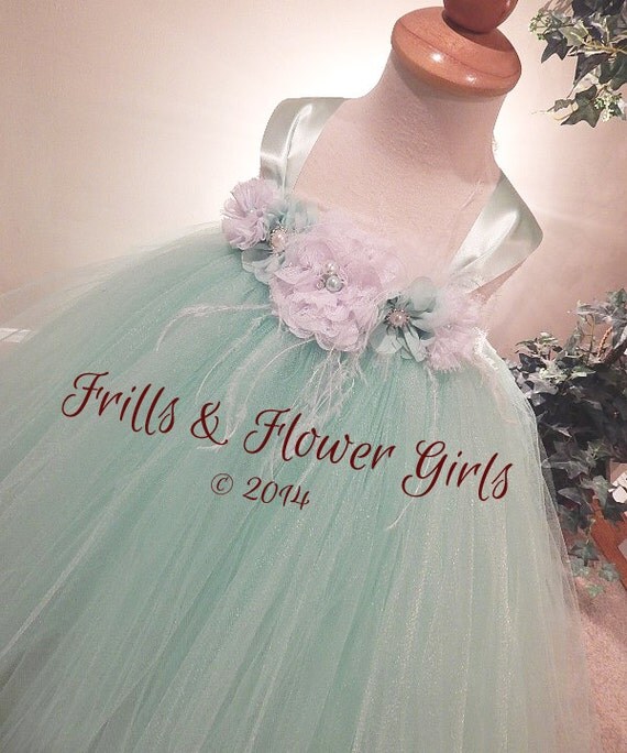Mint Green Flower Girl Dress with White Flowers and Feathers