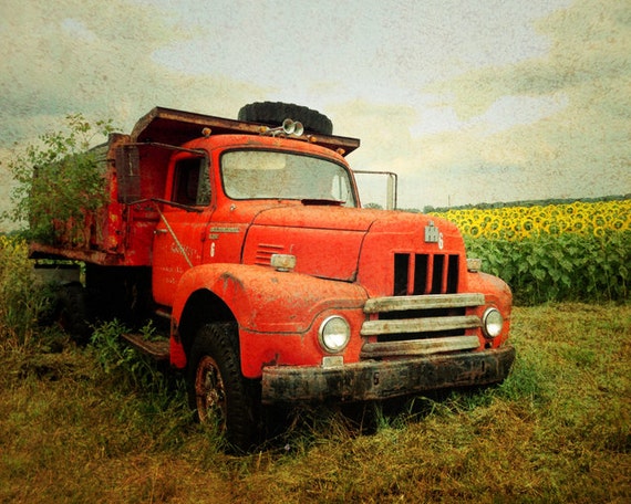 Download Items similar to Vintage Red Truck and Sunflowers ...
