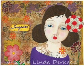 Flower tattoo mixed media art print "Inspire" 8 x 10 wall art inspirational art print whimsical folk art print pretty girl Linda Derkacz