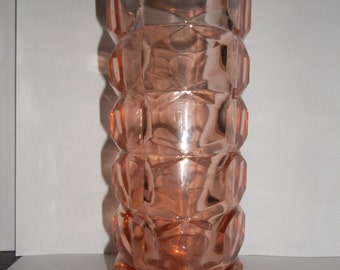 Vintage 1980s Cris D'arques/Durand Art Deco Pink Glass Triangular Geometric Cube Pattern 6 5/8" Vase