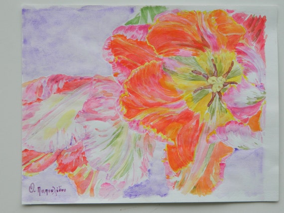 Two red tulips with air movement. Gouach on paper. Dimensions 37x29,50 cm Original Handmade Artwork with Signed.