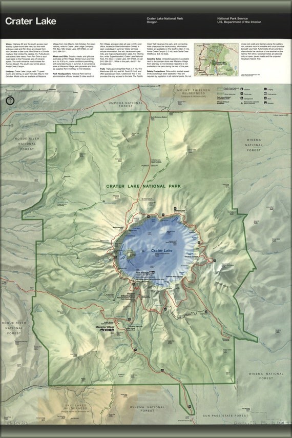 24x36 Poster Map Of Crater Lake National Park Oregon 1996