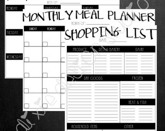 Menu Planner, Weekly and Monthly Meal Planner, Shopping List Printables
