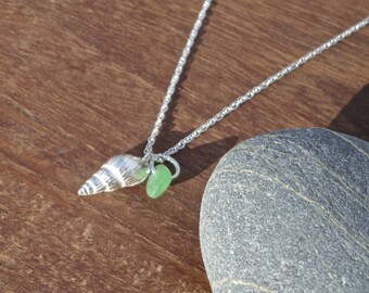 Silver shell necklace with beach glass/sea glass charm, sea glass necklace, beach glass necklace, green glass, cornish jewellery