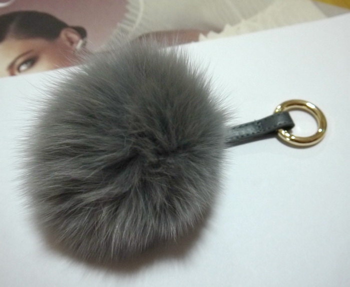pom real keychain pom fur Fox Fur Pom Gray Pom Fluffy Ball Charcoal Keyring keychain Bag