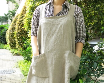 SALE! Linen Pinafore Apron - Heavyweight 100% Flax Linen, Japanese Apron, Crossback Apron, Linen Pinafore Apron, No tie apron, Square Cross