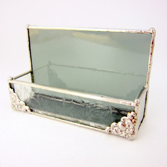 Elegant Silver Gray Stained Glass Business Card Holder with Corner Embellishment