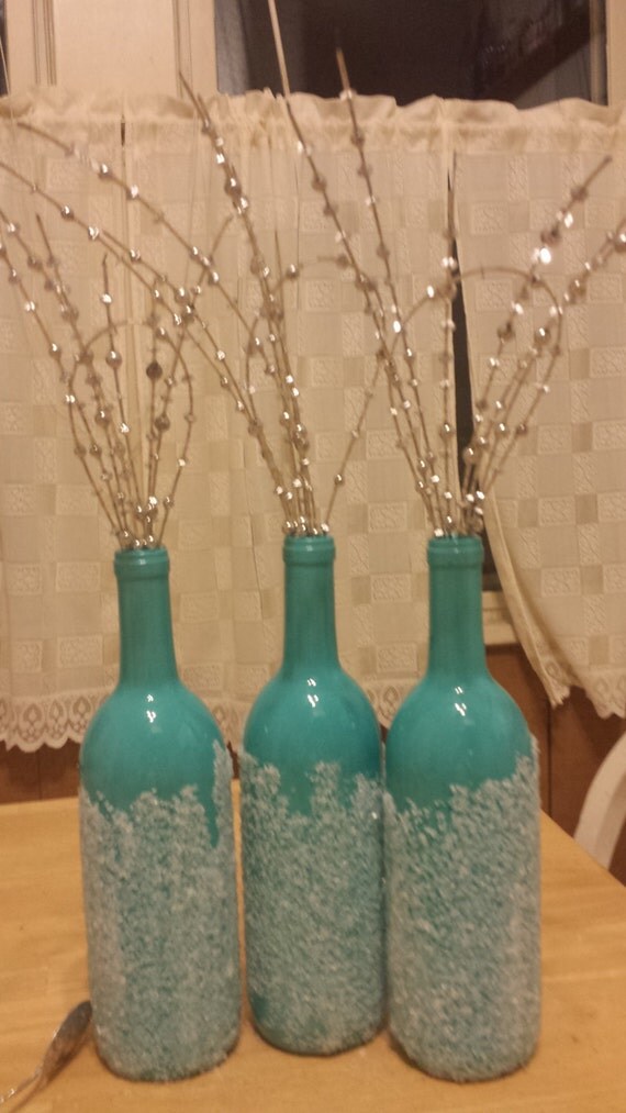 Frosted Teal Wine Bottles