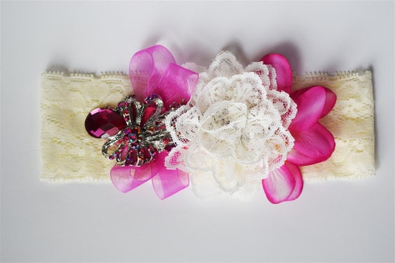 Lace Headband with Fuschia Flowers, Ribbon, Rhinestone Brooch