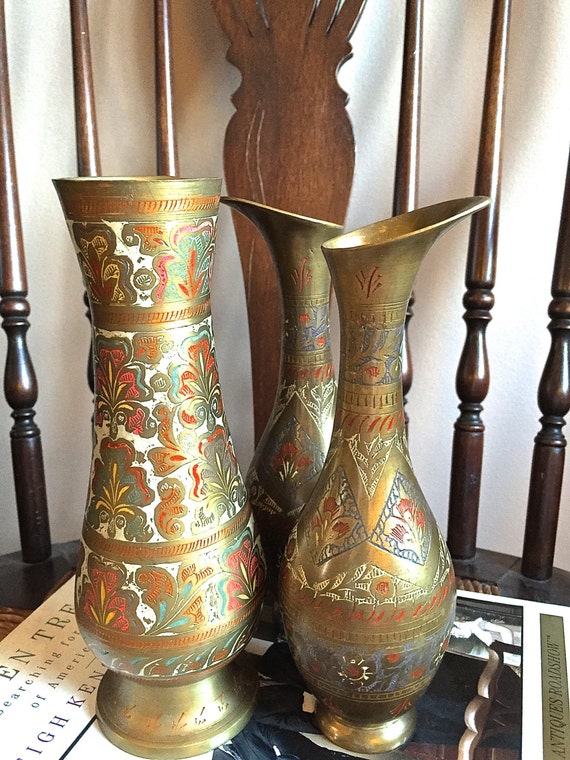 Etched painted brass vasespossibly Indian. Beautiful