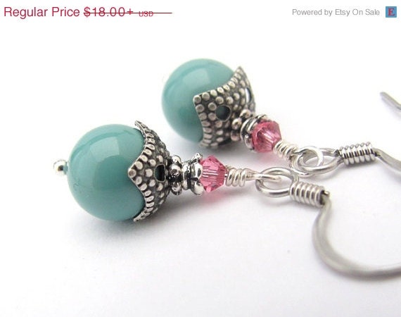ON SALE - FREE Shipping Jade Pearl Earrings, Bohemian Earrings, Pearl Earrings, Swarovski Crystal Pearls, Rose Pink Crystals, Antiqued Silve