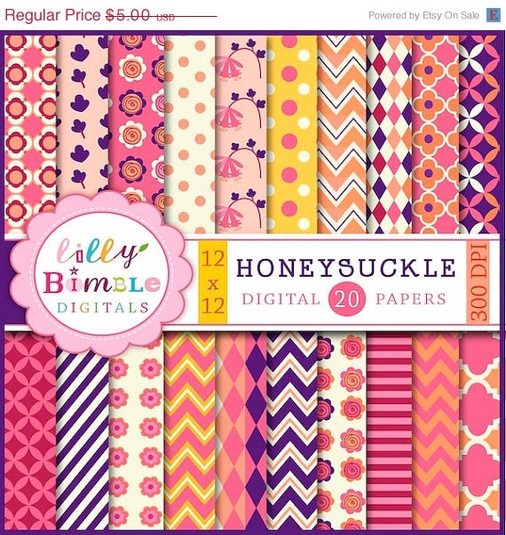 50% off Honeysuckle Digital papers for Summer Scrapbooking, cards, Design Commercial Use Included Il_570xn