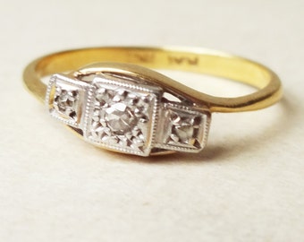 Art Deco Diamond Trilogy Twist Ring, Antique Diamond 18k Gold and Platinum Engagement Ring Approx. Size US 4.75