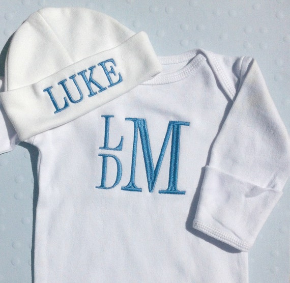 Monogrammed Newborn Baby Boy Gown and Hat Boy Baby Layette