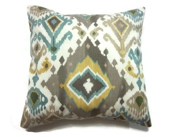 Decorative Pillow Cover Teal Taupe Yellow Light Cream Ikat Design Same Fabric Front/Back Toss Throw Accent 18 x 18 inch x
