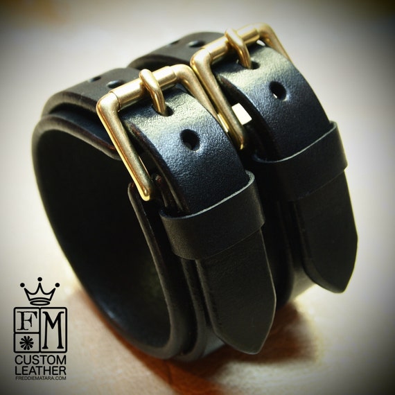 Leather cuff bracelet Black bridle leather Solid brass hardware wristband handmade for You in New York City by Freddie Matara