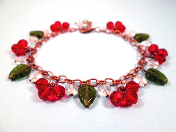 Cherry Berry Charm Bracelet White Glass Hearts Red by justCHARMING