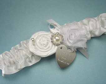White Wedding Garter, Personalized Bridal Garter, with a Handmade Rose, Pearls, Rhinestones, and Engraving