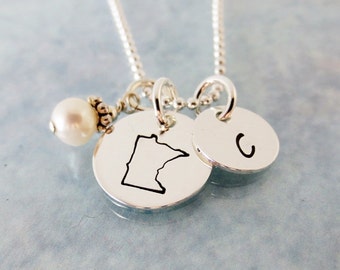Hand Stamped Jewelry - Personalized State Necklace - Initial Necklace with Pearl or Birthstone - Customized - All State Charms Available