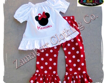 Custom Boutique Girl Minnie Mouse Outfit Set Red Polka Dot Pant Set Top Ruffle Set Size 3 6 9 12 18 24 month 2t 2 3t 3 4t 4 5t 5 6 7 8