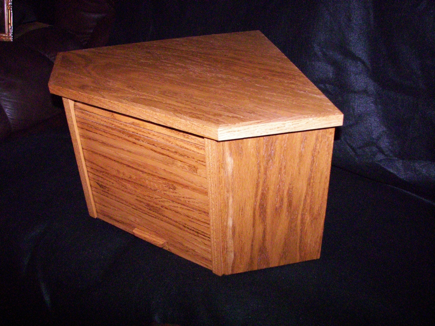 Oak Corner Bread Box with Golden Oak Finish and Roll Up Door