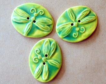 3 Big and Bold Handmade Ceramic Dragonfly Buttons - Light Green Stoneware Dragonflies