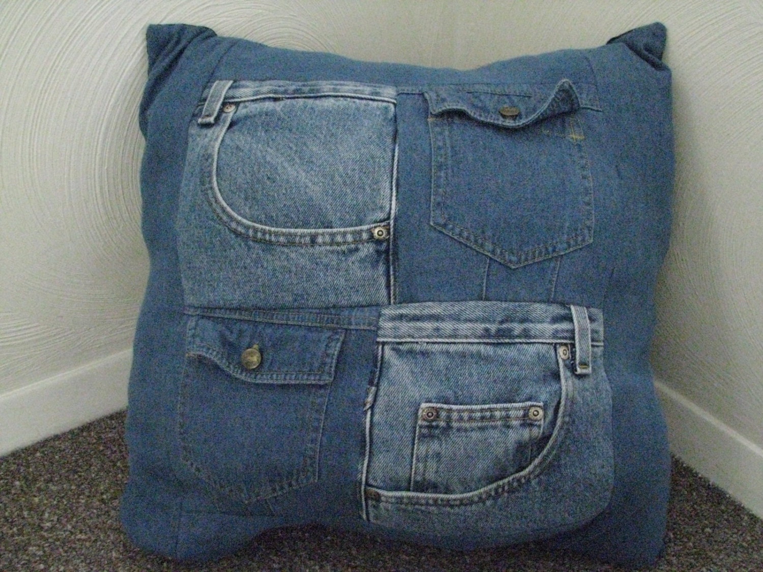 Upcycled Denim Throw Pillow With Pockets Jean Patchwork